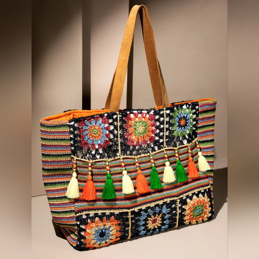 Vibrant Floral & Striped Hand Crocheted Shoulder Bag w/ Colorful Tassel Accents - Picture 1 of 11